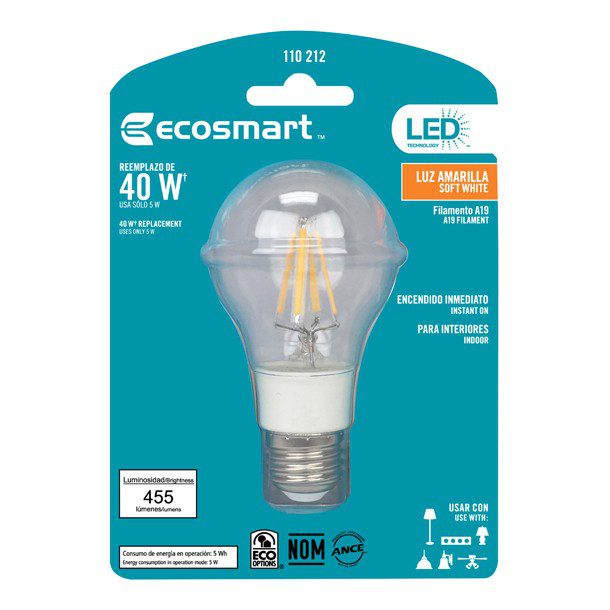 FOCO LED 5W A19 FILAMENTO LUZ AMARILLA 1 PIEZA