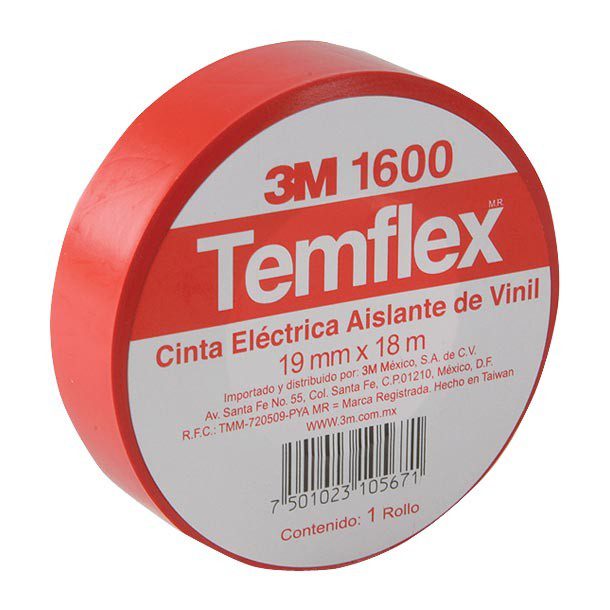 3M TEMFLEX CINTA ELÉCTRICA MODELO 1600 91 MM X 18 M COLOR ROJO